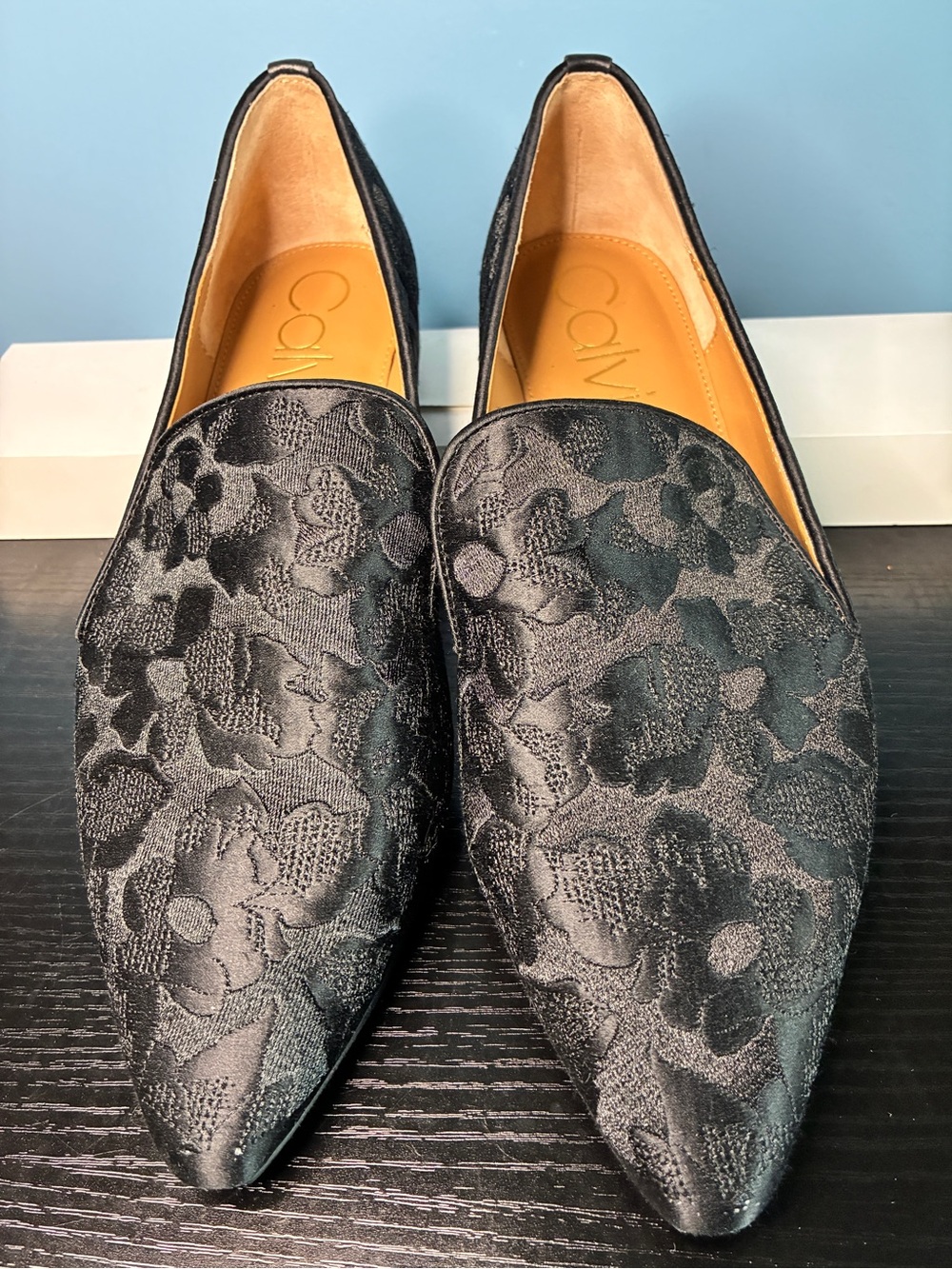 Calvin Klein Black Floral Jacquard Pointed Loafers